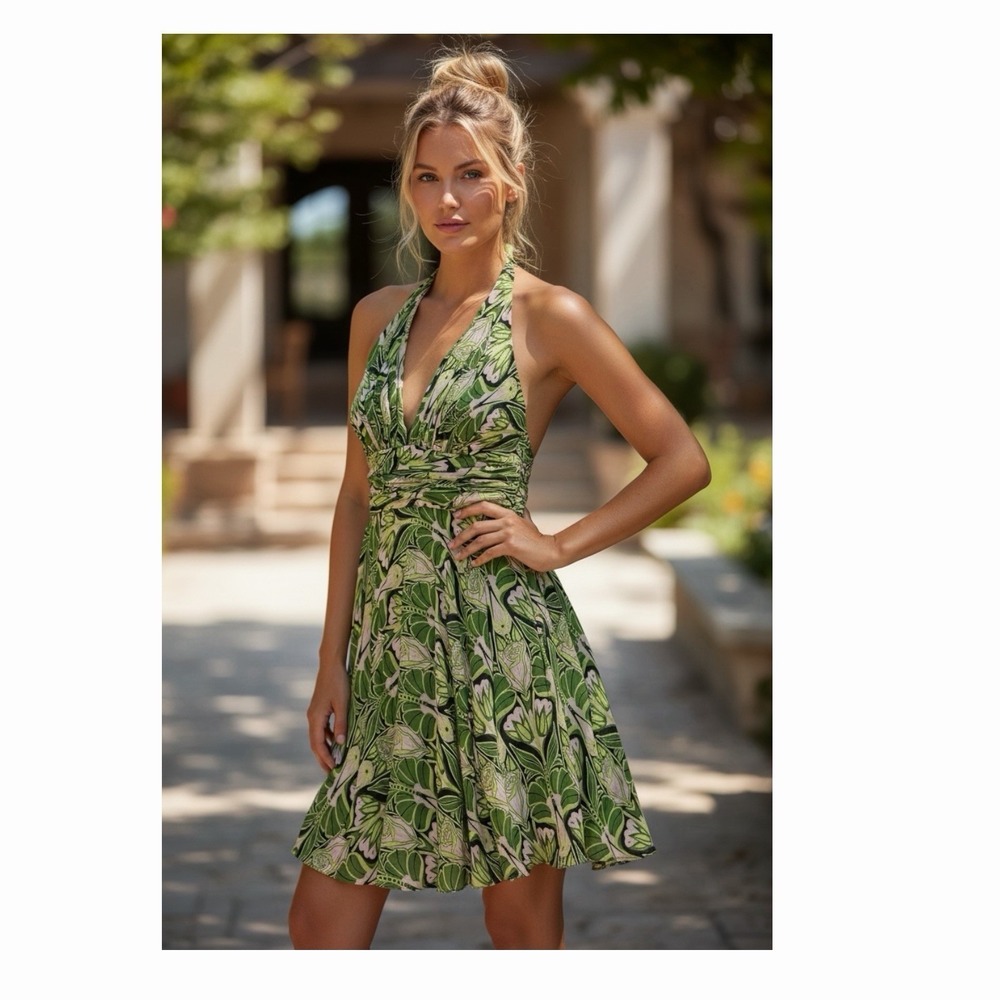 DINA BAR-EL Silk Halter Dress Size 6 Green Romantic‎ Floral Chiffon Fairycore